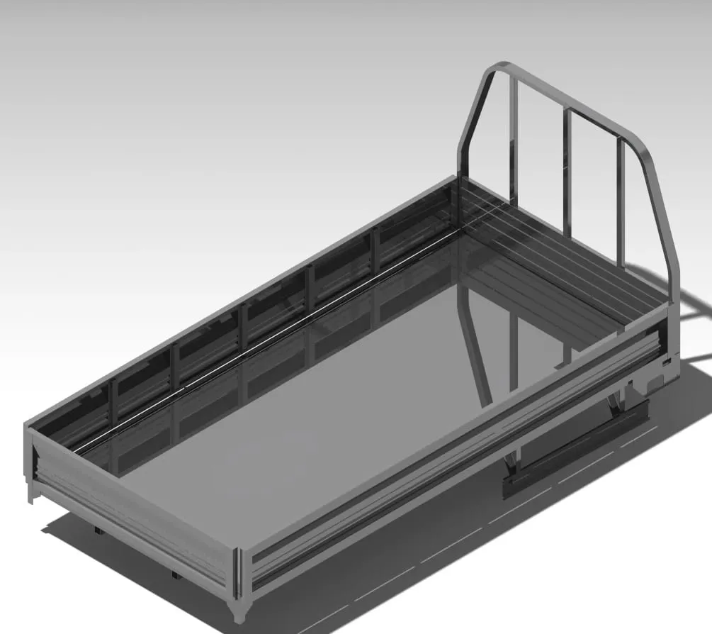 Modelo CAD de caja de carga con barandas laterales y baranda antiproyección sobre cabina