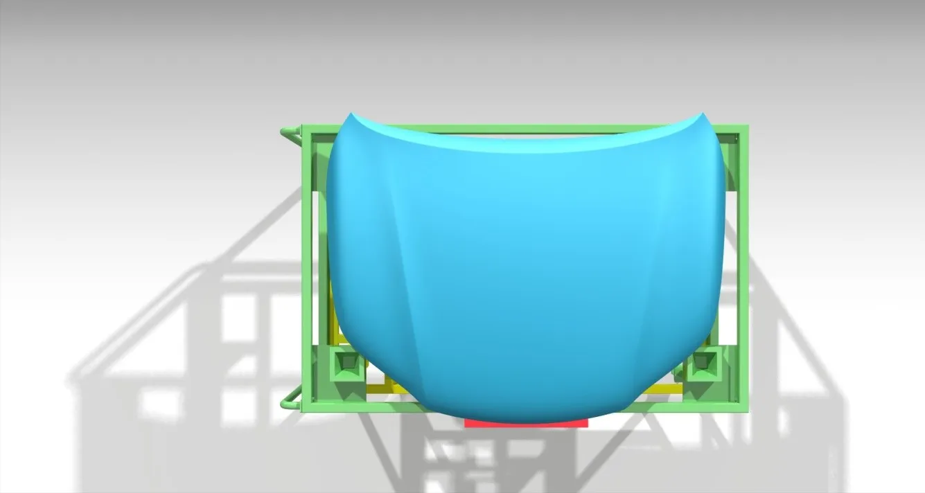 Modelo CAD en CATIA V5 de conjunto de dispositivo con bastidor y pieza posicionada