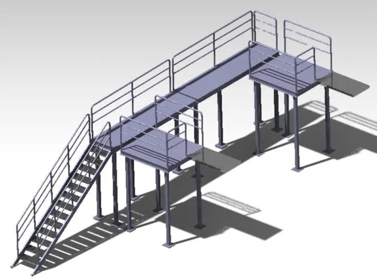 Modelo digital de plataforma metálica con escalera de acceso para instalación industrial