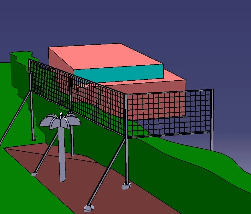 Modelo 3D de estructura metálica con red de contención sobre terreno en pendiente