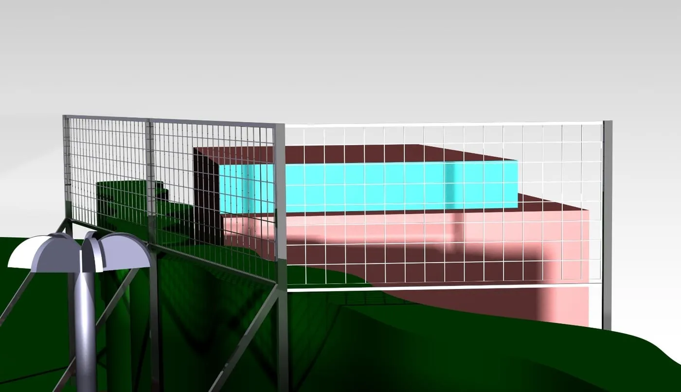 Render de paño de malla metálica montado sobre columnas y riostras junto a edificio