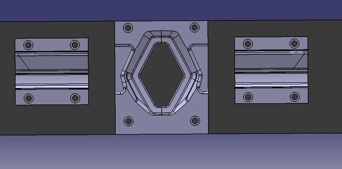 Vista frontal CAD de molde con cavidad hexagonal y bloques laterales de sujeción