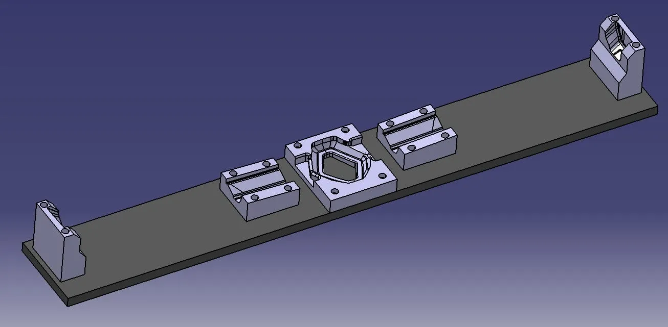 Modelo CAD isométrico de conjunto de moldes y bloques de sujeción sobre base rectificada