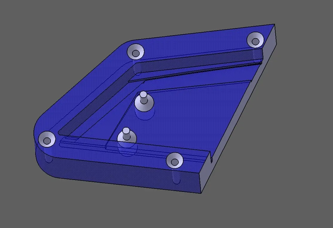 Modelo CAD de base de calibre con pernos de posicionamiento y alojamientos mecanizados